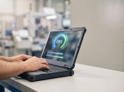 Close-up of industrial worker hands typing on rugged laptop displaying OEE metrics dashboard in a blurred manufacturing factory