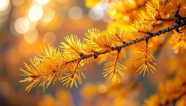 Golden larch tree branch with autumn needles and seasonal foliage