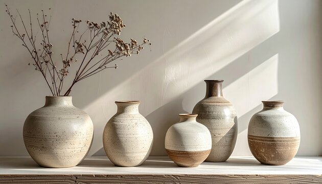 Modern minimalist ceramic vases in neutral earthy tones