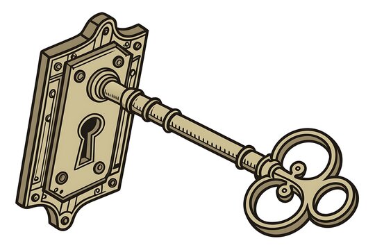 Antique key unlocking a vintage door handle illustration