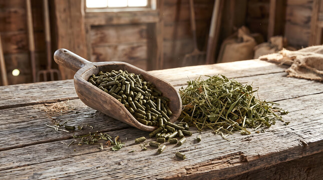 Alfalfa pellet feed in a wooden scoop with dried grass on a rustic workbench inside a barn or stable