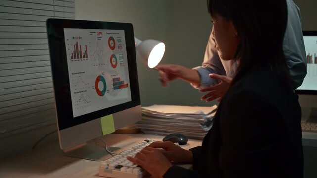 Two young professionals discussing a business plan and analyzing graphs on a computer screen while working late in a dimly lit office, collaborating to meet an important company deadline