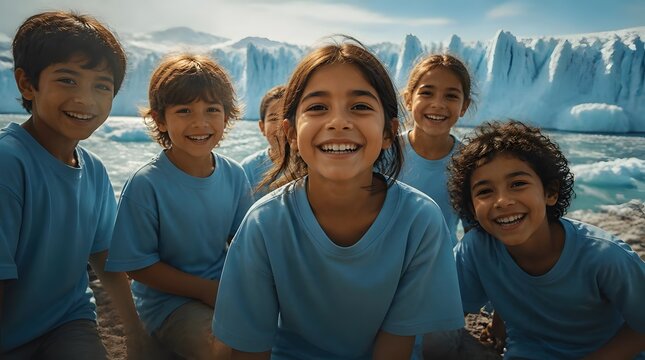 Group of Children Enjoying Waterfall and Glacier Scene in Remote Natural Setting During Daytime