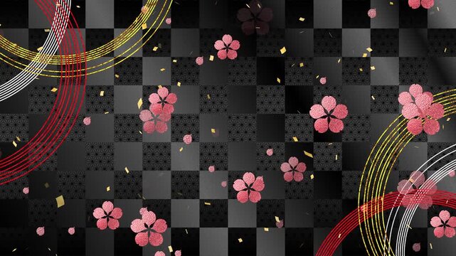 梅01 赤 円 赤金 紙吹雪 金 下降 パターン01 市松模様 麻の葉 ループ （黒 背景）01