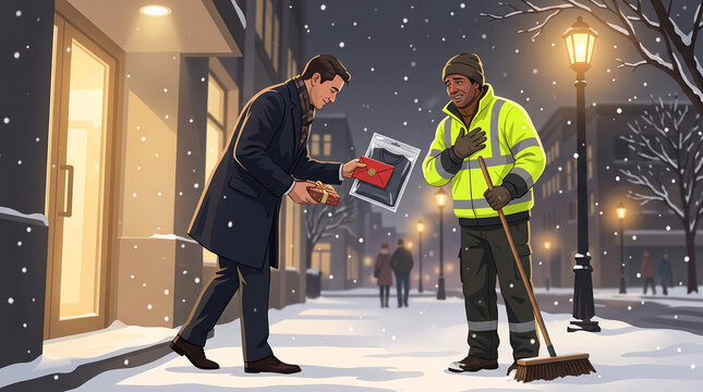 Kind businessman in overcoat gifting warm thermal winter shirt and red holiday bonus envelope to street sweeper in snow stock illustration&mdash;featuring high-vis safety jacket, street broom, glowing lamp 