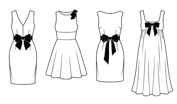 Dress Fashion Flat Sketch Vector Set with Black Bow, Technical Drawing Collection of Sleeveless Dresses for Fashion Design