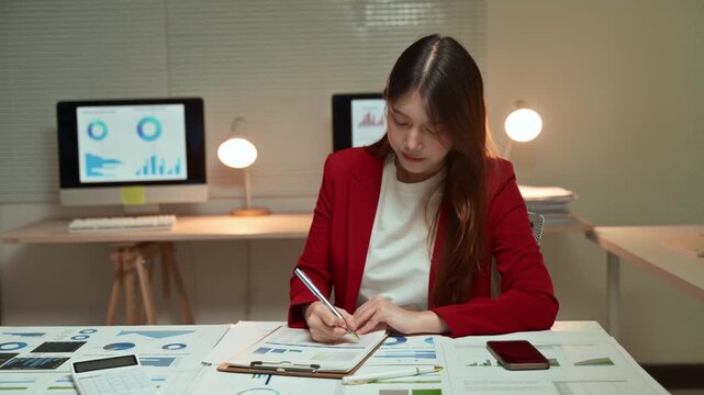 Concentrated Asian financial analyst working late, examining business documents with charts and graphs, thinking about strategy, and signing papers at her modern office desk with a computer