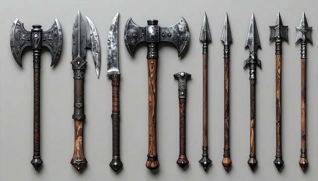Ancient medieval fantasy weapons including spears and battle axe