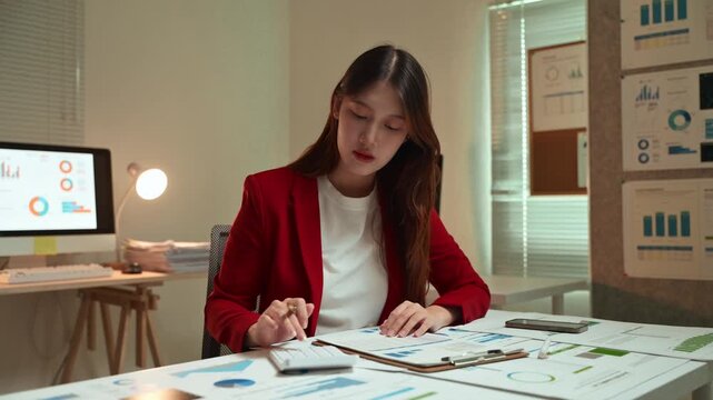 Focused young asian businesswoman calculating expenses and analyzing financial market data charts on paperwork, working overtime alone in a modern office to meet a deadline