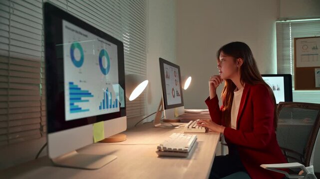 Young Asian businesswoman using a desktop computer to analyze financial data charts, concentrating on a project while working hard late at night in a modern office to meet a deadline