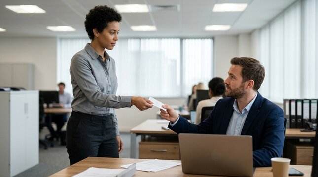 Employee handing an internet service receipt to an accountant, work travel expense reimbursement
