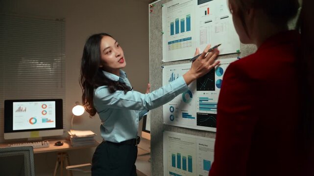 Two young Asian businesswomen discussing a corporate project, analyzing financial data on charts and graphs pinned to a board while working together late in the office at night