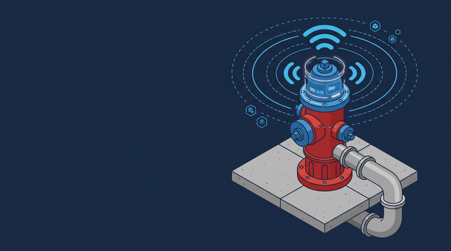 Isometric vector illustration of smart fire hydrant with IoT telemetry for leak detection with copy space