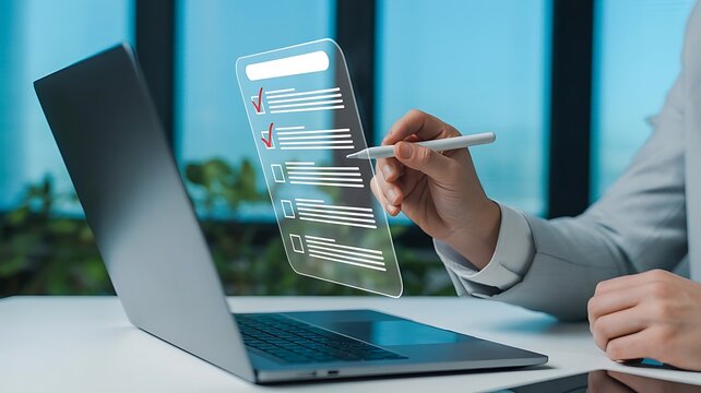 Professional Hand Using a Digital Stylus to Complete an Interactive Checklist on a Transparent Virtual Interface for Modern Business Workflow