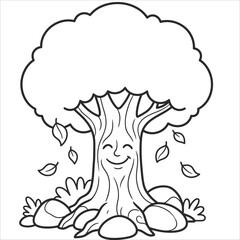 Fototapeta premium A cute cartoon tree with a happy smiling face and falling leaves for children coloring book page