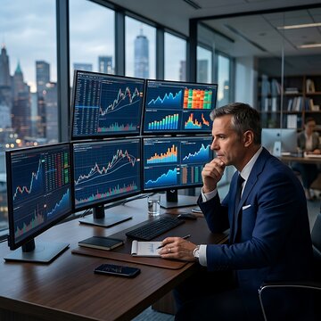 Serious businessman analyzing stock market trends on multiple monitors in modern office