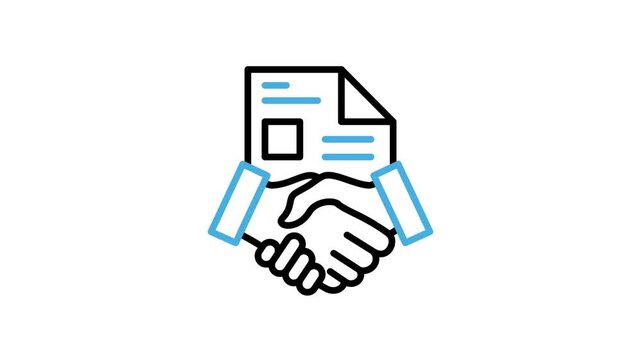 Business contract agreement icon animation. Document with handshake animated video. Friendship, partnership, relation, cooperation, deal, success, teamwork, trust. Motion graphics with alpha channel