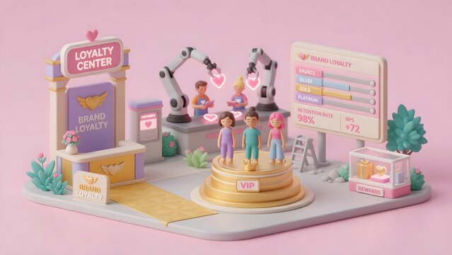 An isometric 3d low-poly miniature diorama of a brand loyalty center
