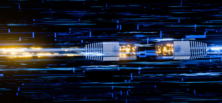 Connector for connecting to a local area network or the Internet. Home Internet connection. Client-to-server connection concept. Concepts of P2P, Tor, TCP, and UDP protocols.