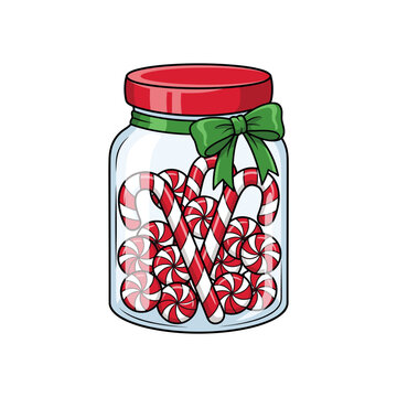 Glass jar filled with peppermint candies and candy canes with green ribbon vector illustration