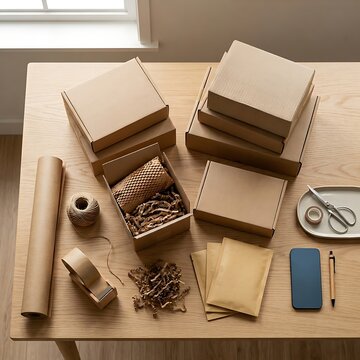 Cardboard shipping boxes and packaging supplies on a wooden table for e-commerce