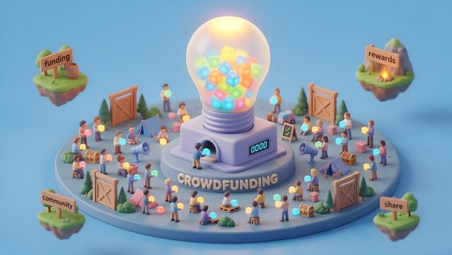 An isometric 3d low-poly miniature diorama of a crowdfunding campaign