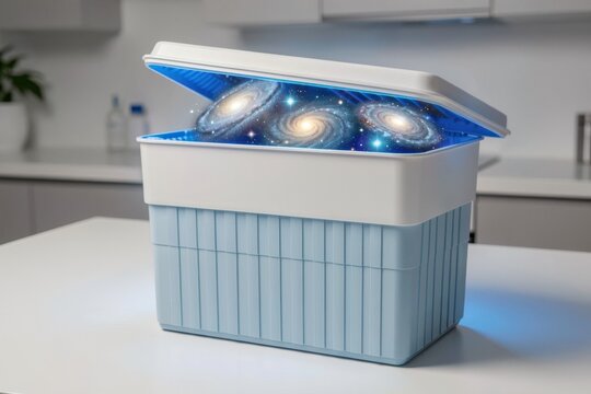 A plastic storage box containing an open glowing universe