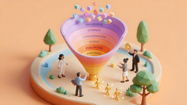 An isometric 3d low-poly miniature diorama of a sales lead generation funnel