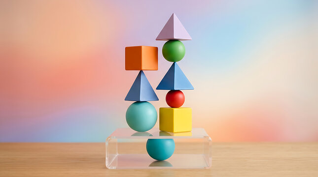 Colorful geometric shapes stacked in precarious balance on an acrylic pedestal against a soft gradient backdrop