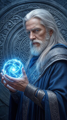 Fototapeta premium Elderly wizard holding glowing energy orb against stone wall with ancient carvings. Fantasy character with long white hair and beard wearing blue robes and metal bracers.