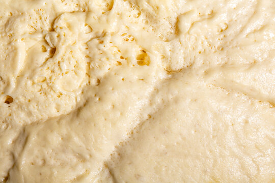 Fermented bread dough surface showing elastic texture with gas bubbles