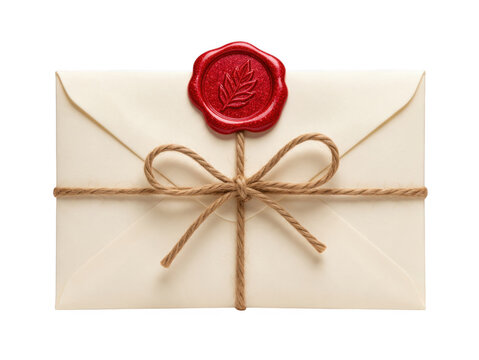 Vintage envelope with a red wax seal and tied with twine as isolated on transparent background