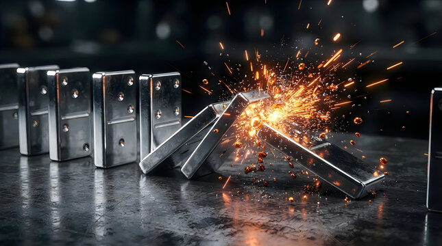 Metal dominoes falling and crashing together with bright orange sparks in a dark studio setting
