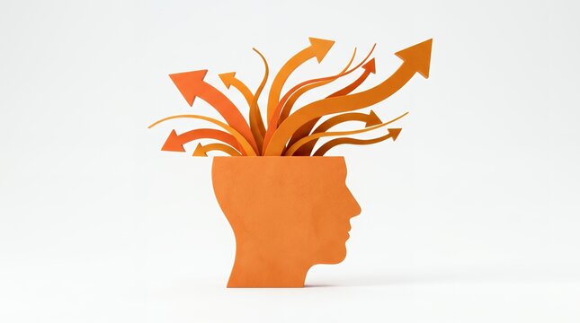 Orange Head Silhouette with Emerging Arrows Isolated on White Background