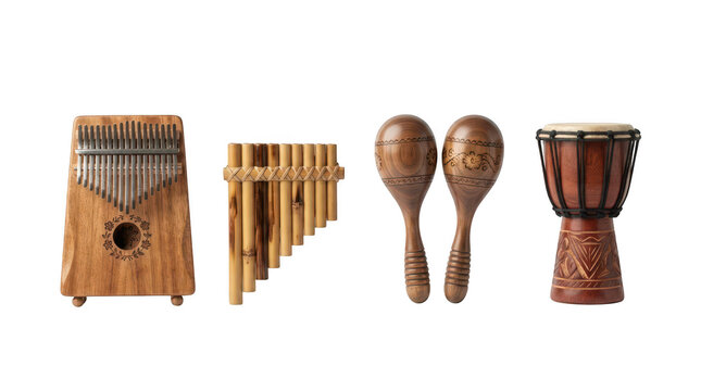 Various traditional wooden musical instruments isolated on transparent background. Ideal for cultural music education banners and ethnic art designs.