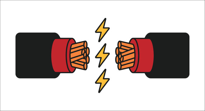 Cut electrical cable with exposed wires and sparking electricity is depicted in a vector illustration hazard power transmission insulation red black graphic design danger shortcircuit