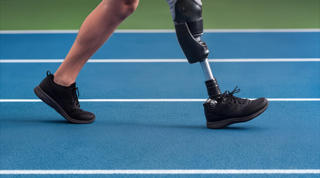 Para-athlete with prosthetic leg walking on blue running track. Close-up of carbon fiber prosthesis and athletic footwear during training session.