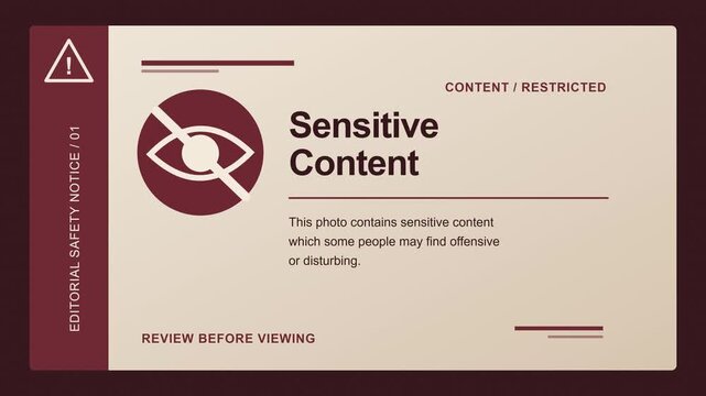 Horizontal sensitive content warning card with crossed-out eye icon, restricted label, and editorial safety notice text. Burgundy and cream design signals hidden or disturbing media for censorship.
