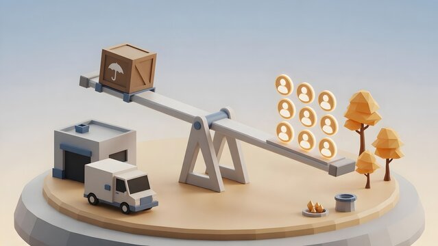 A stylized 3d low-poly miniature diorama representing supply and demand balance, a giant minimalist seesaw perfectly balancing a generic