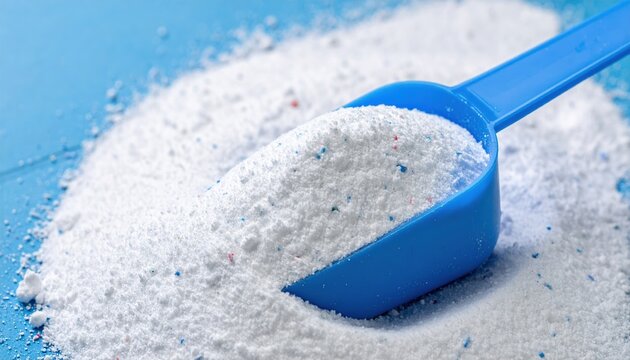 Blue laundry detergent scoop filled with washing powder