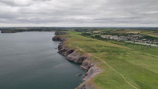 Aerial View of Penally Cliffs and Coastal Holiday Park with Tenby Coastline in Pembrokeshire Wales