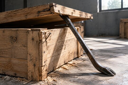 Steel pry bar opening wooden shipping crate lid, tools and construction concept
