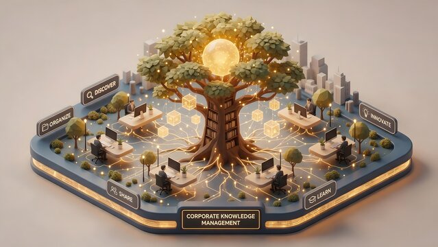 A stylized 3d low-poly miniature diorama of corporate knowledge management, a giant glowing library tree whose roots connect directly to