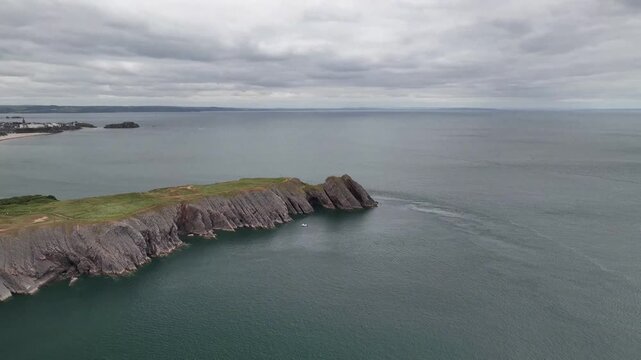 Aerial Drone View of Rocky Headland and Open Sea Near Tenby on Welsh Pembrokeshire Coast