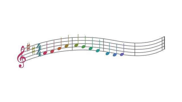 Colorful musical notes animate across a simple curved staff, playing Ode to Joy with a rainbow chromatic palette. Clean white setting offers playful charm for music lessons, apps, and children's.