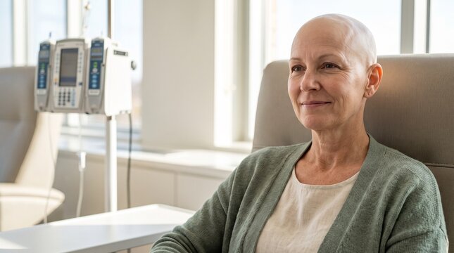 Krebspatientin mit Haarausfall w&auml;hrend Chemotherapie in Klinik