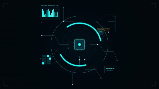 Futuristic HUD interface animation with a central CPU microchip and glowing blue data graphs