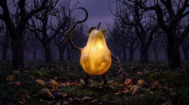 Spooky glowing pear creature holding sickle in dark autumn orchard at night for fantasy halloween celebration background