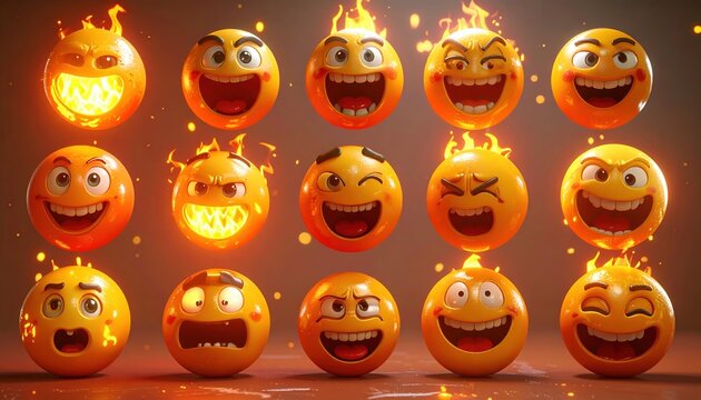 Popular 3D emoji set featuring party face and fire expressions