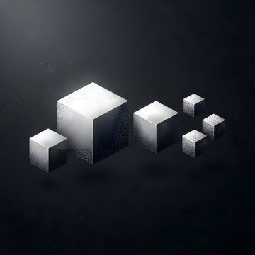 Abstract 3D white cubes floating in a dark space, minimalist geometric composition, soft lighting, modern technology concept.